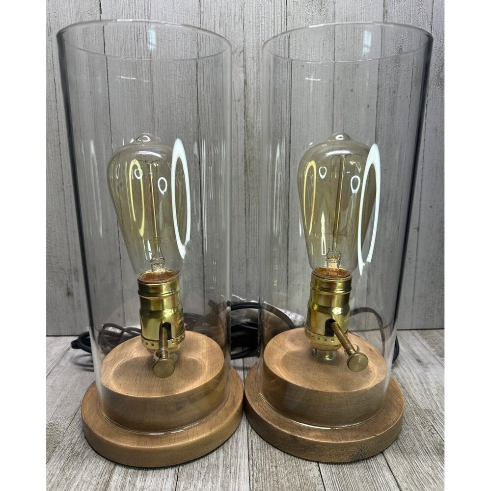 Vtg Style Industrial Table Desk Lamp Glass Shade & Faux Wood Base Set 2 Working